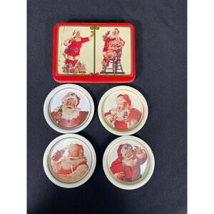 Vintage Coca Cola Santa Tin Coasters and Playing Cards in a Tin Box